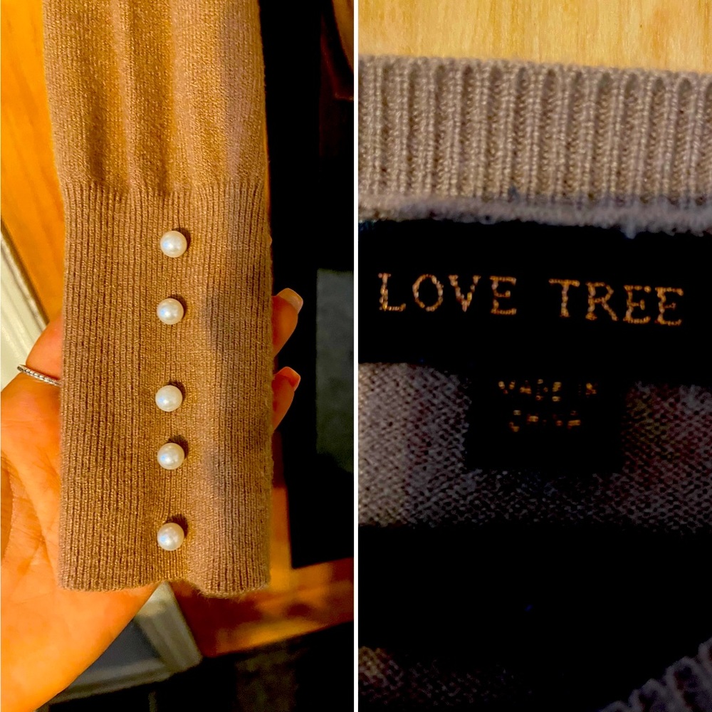 Tan Sweater with Pearl Sleeves